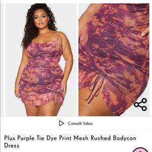 Pretty Little Thing NWT. Plus purple tie dye print ruched body icon dress. US 22